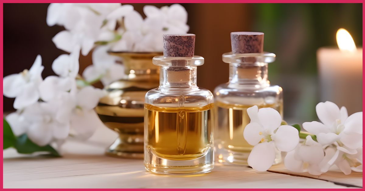 Glass bottles with jasmine scented fragrance oil on a table surrounded by white jasmine flowers.